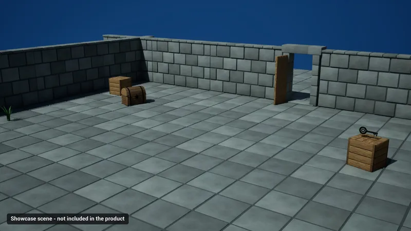 The showcase courtyard with a chest, a door and a crate (not included)