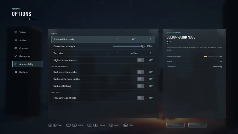 Options: Accessibility, with colour-blind mode, text size and less shake