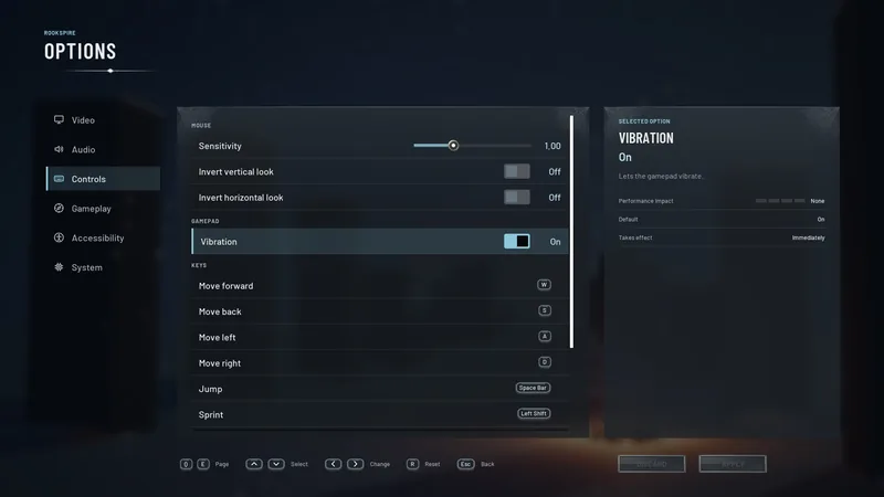 Options: Controls, with sensitivity, vibration and key bindings