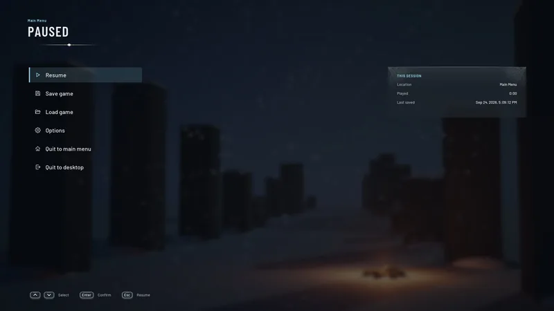 Pause menu with the location, play time and last save
