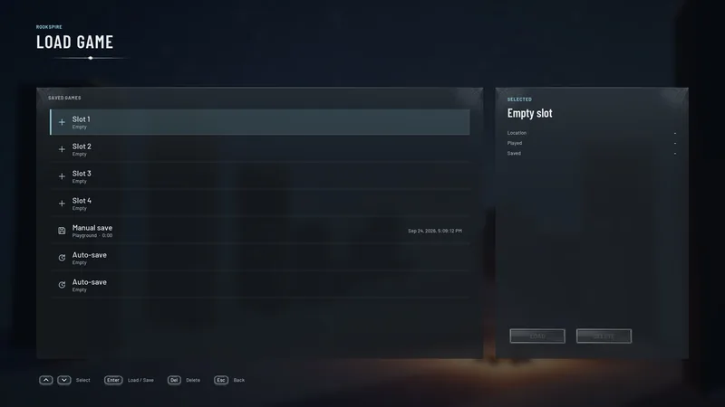Load game: five slots and auto-saves