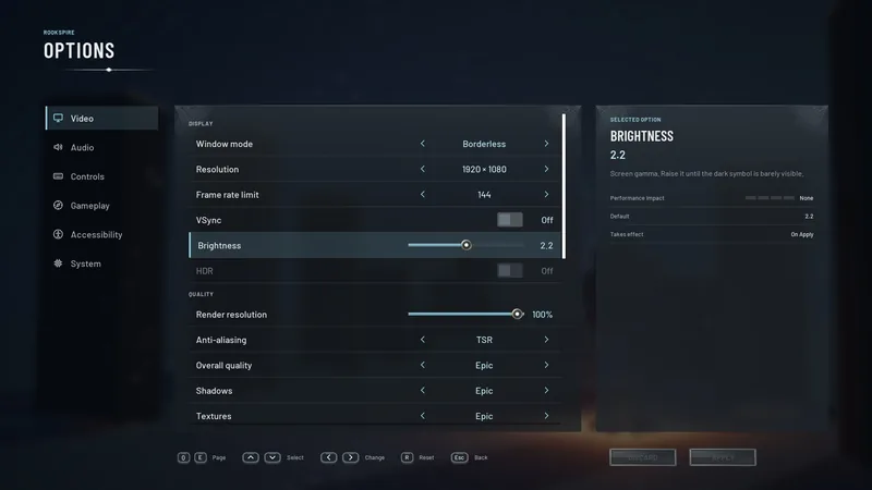 Options: the Video page, with the selected setting explained on the right